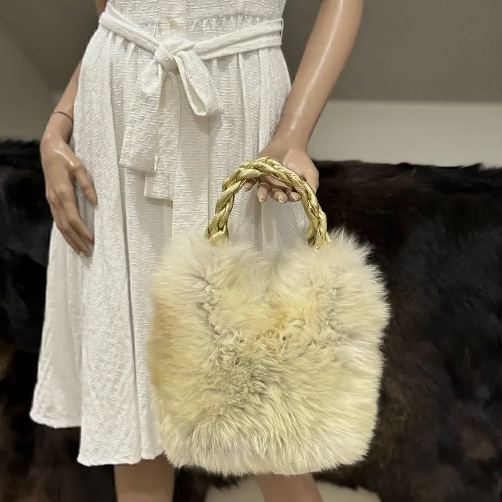 Handmade Genuine Shearling Leather Sheepskin Braided Top Handles Bag/ Crossbody